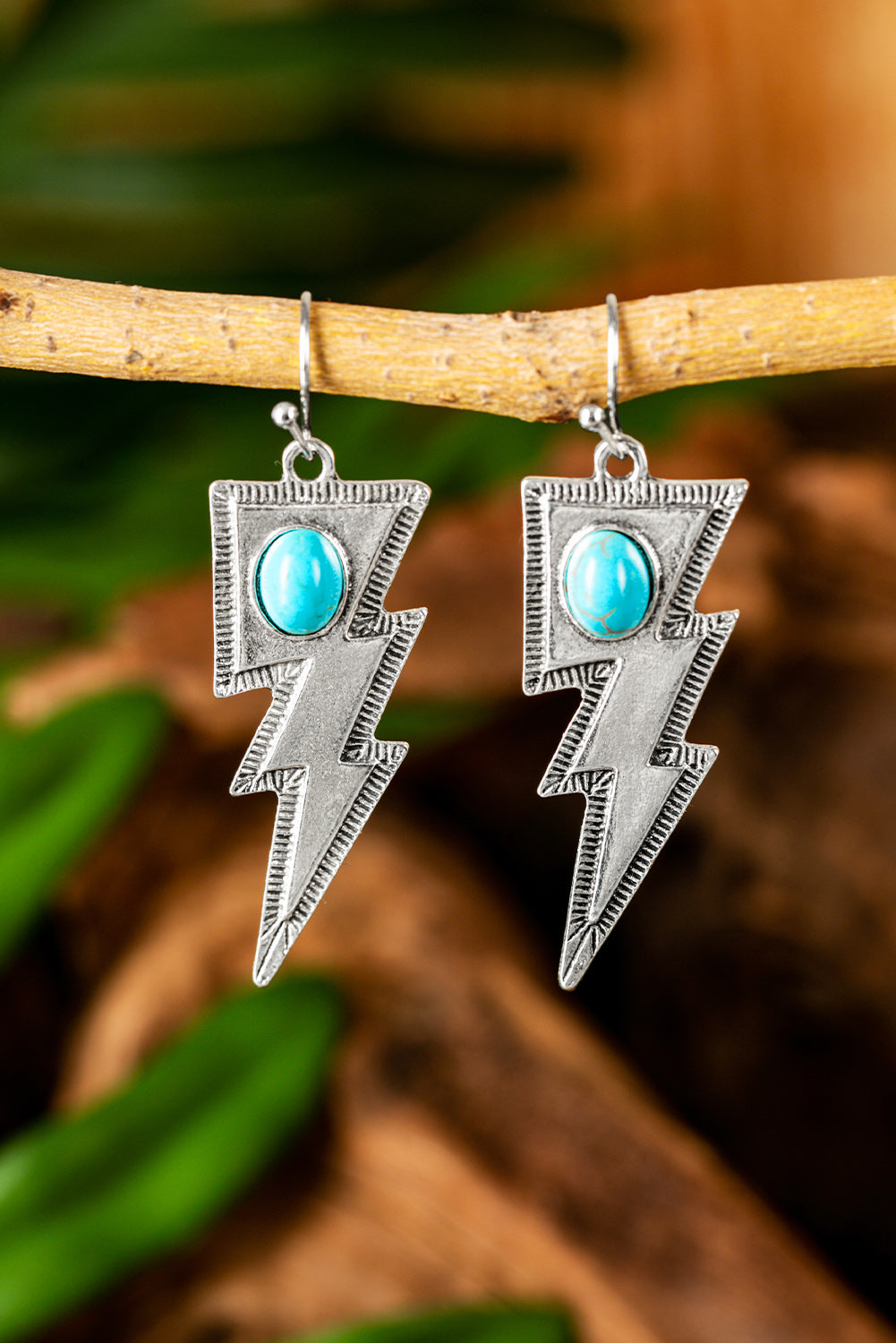 Silver Turquoise Geometric Lightening Shaped Drop Earrings