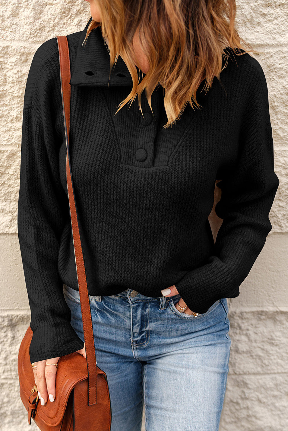 Black Buttoned Ribbed Sweater