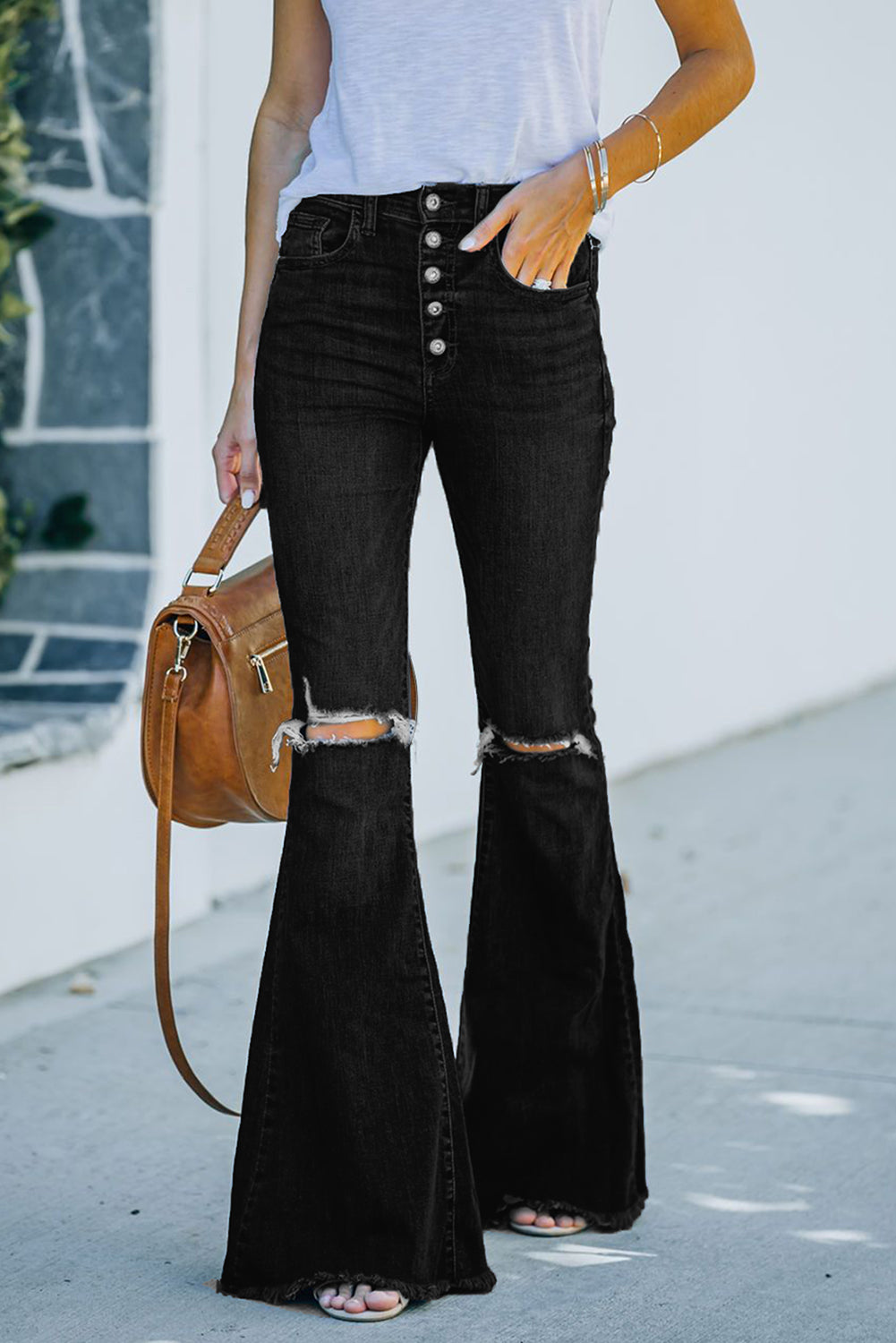 Black Casual Ripped Flare Jeans
